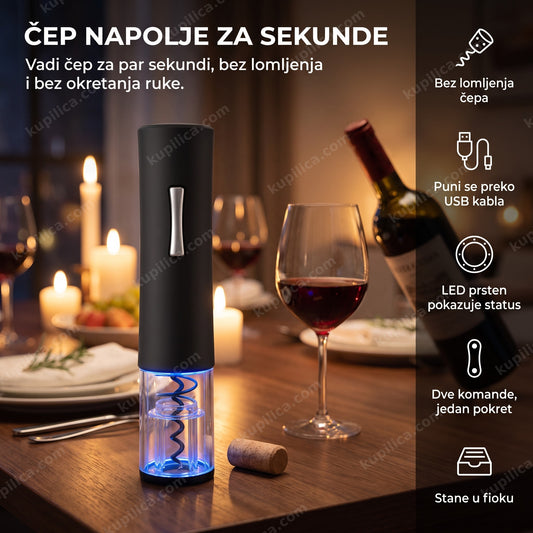 električni otvarač za vino na trpezarijskom stolu uz čašu vina, benefiti proizvoda