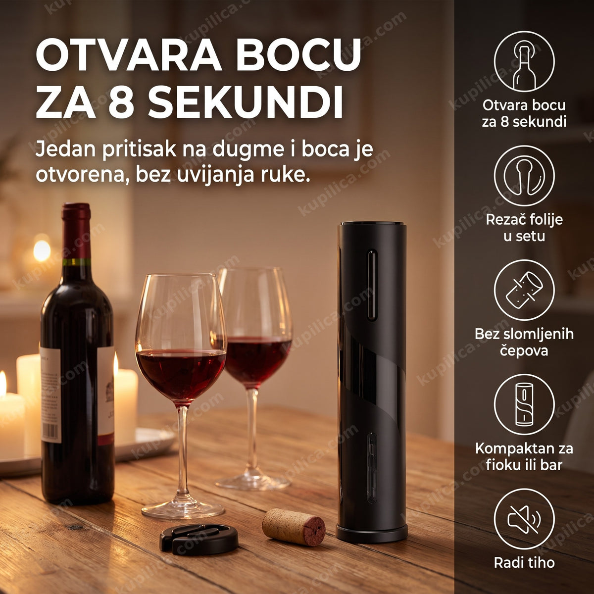 električni otvarač za vino sa rezačem folije na stolu, benefiti proizvoda