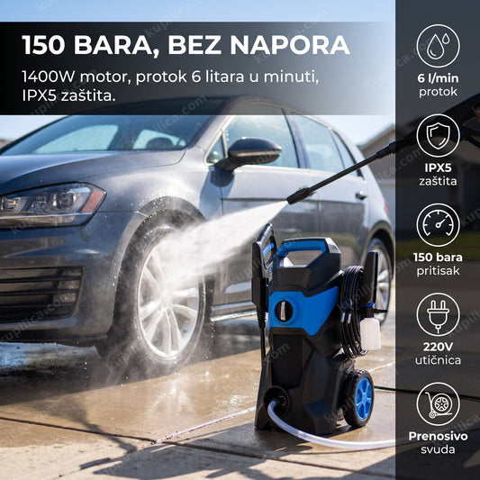 električni perač pod pritiskom 150 bara pere auto u dvorištu