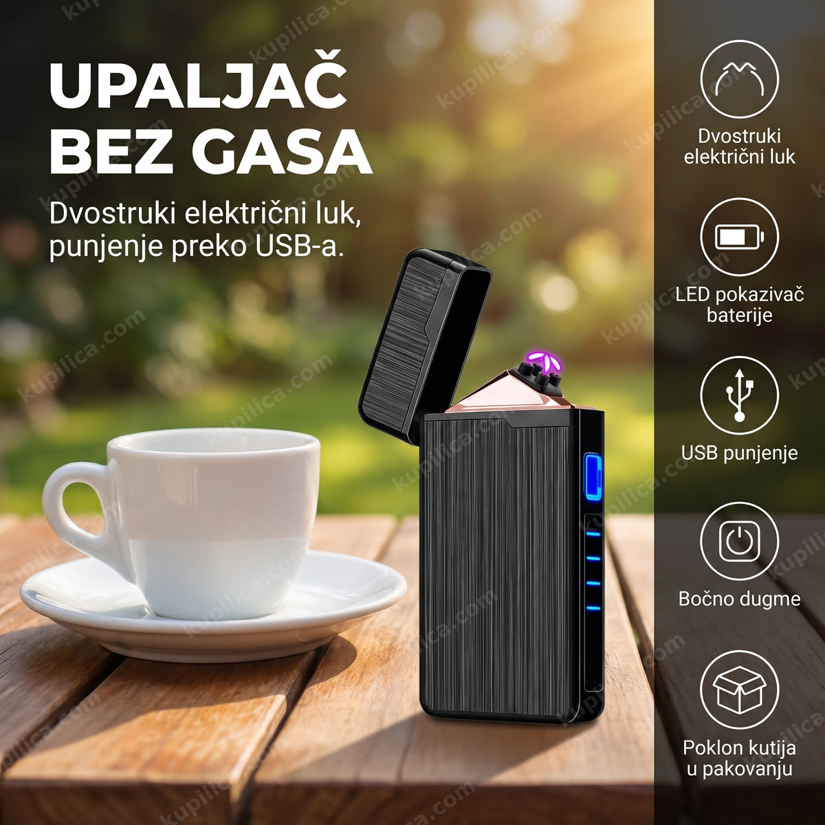 crni električni plazma upaljač na usb punjenje sa ljubičastim lukom na stolu