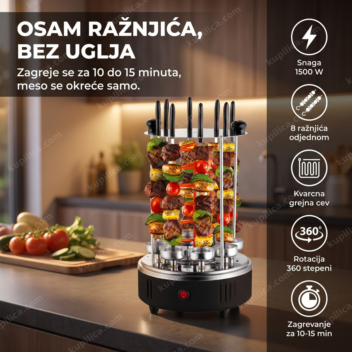 električni ražanj sa 8 ražnjića i povrćem na kuhinjskom pultu