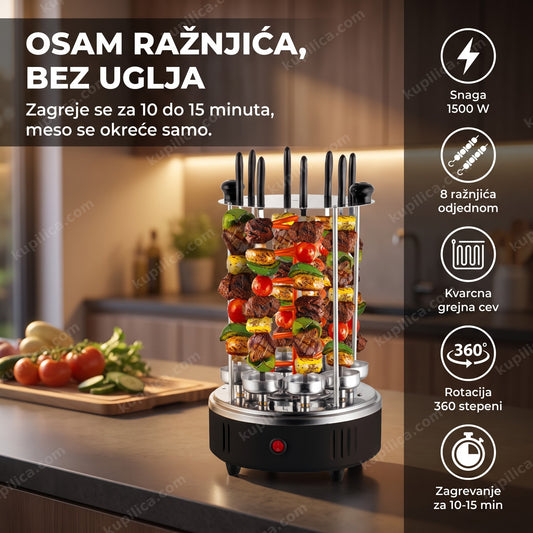 električni ražanj sa 8 ražnjića i povrćem na kuhinjskom pultu