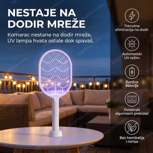 električni reket protiv komaraca sa uv lampom na stolu na terasi uveče, benefiti proizvoda