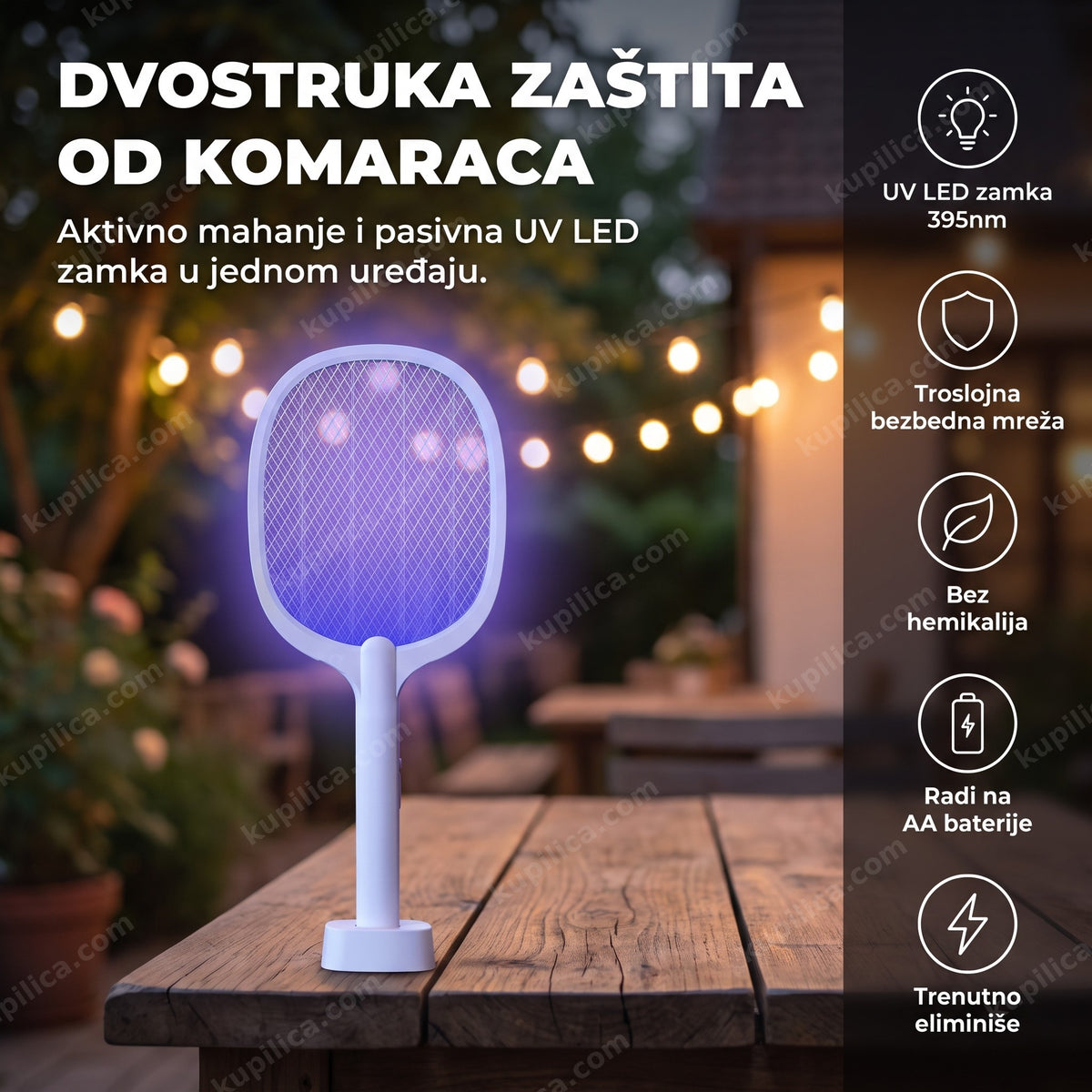 Električni reket za komarce sa LED zamkom na terasi uveče