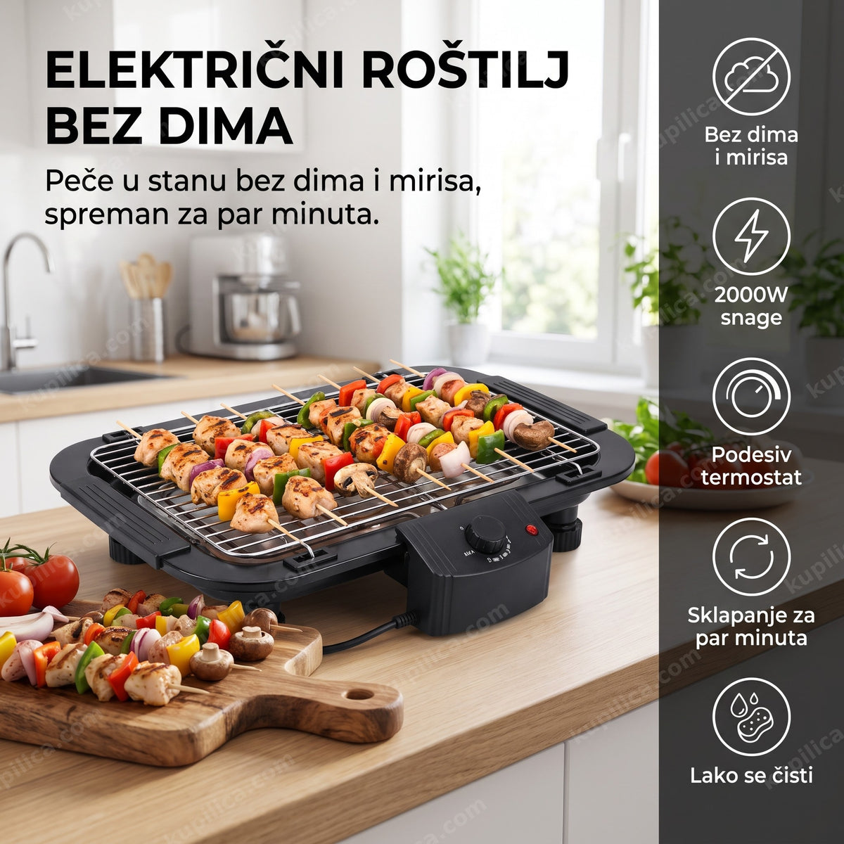 Električni roštilj bez dima na kuhinjskom pultu sa povrćem i mesom