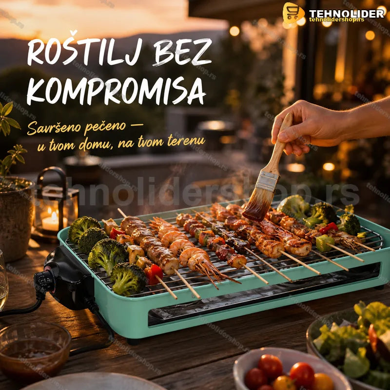 Električni roštilj sa termostatom 1500w — rešetka, tepsija i pleh zajedno