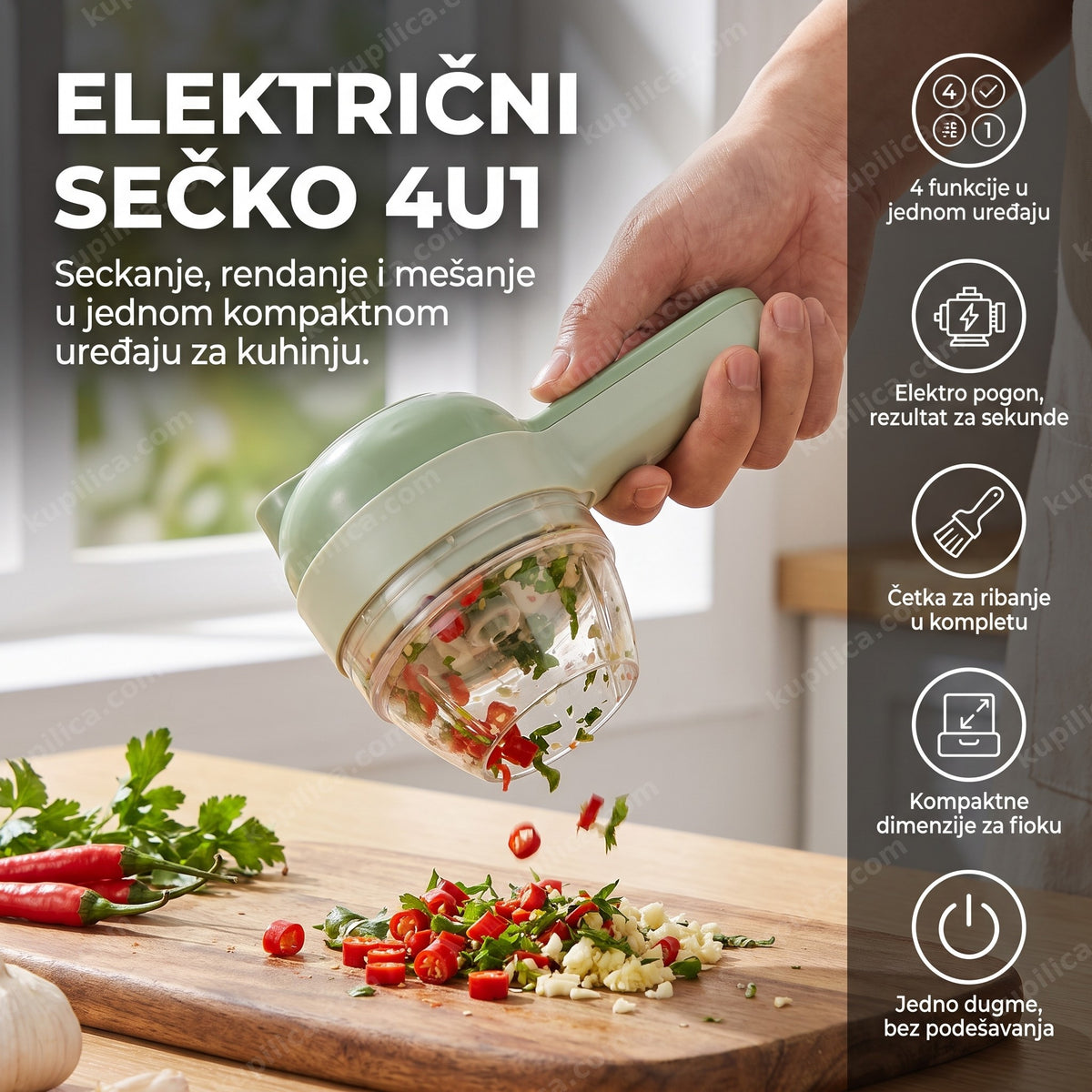 zeleni električni sečko 4u1 sa providnom posudom pri seckanju povrća, benefiti proizvoda