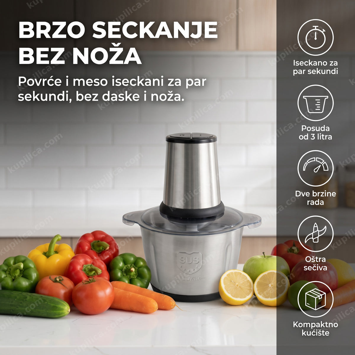 električni secko za povrće i meso na kuhinjskom pultu okružen svežim povrćem, benefiti proizvoda