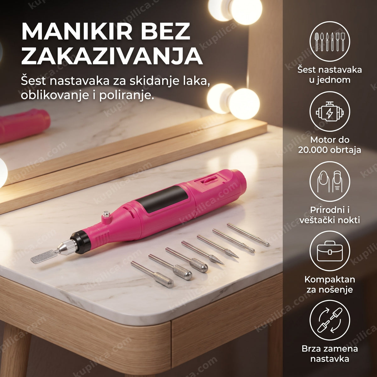 roze električni set za manikir i pedikir sa nastavcima na toaletnom stolu, benefiti proizvoda