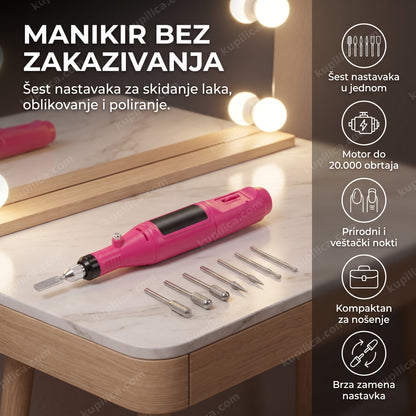 roze električni set za manikir i pedikir sa nastavcima na toaletnom stolu, benefiti proizvoda