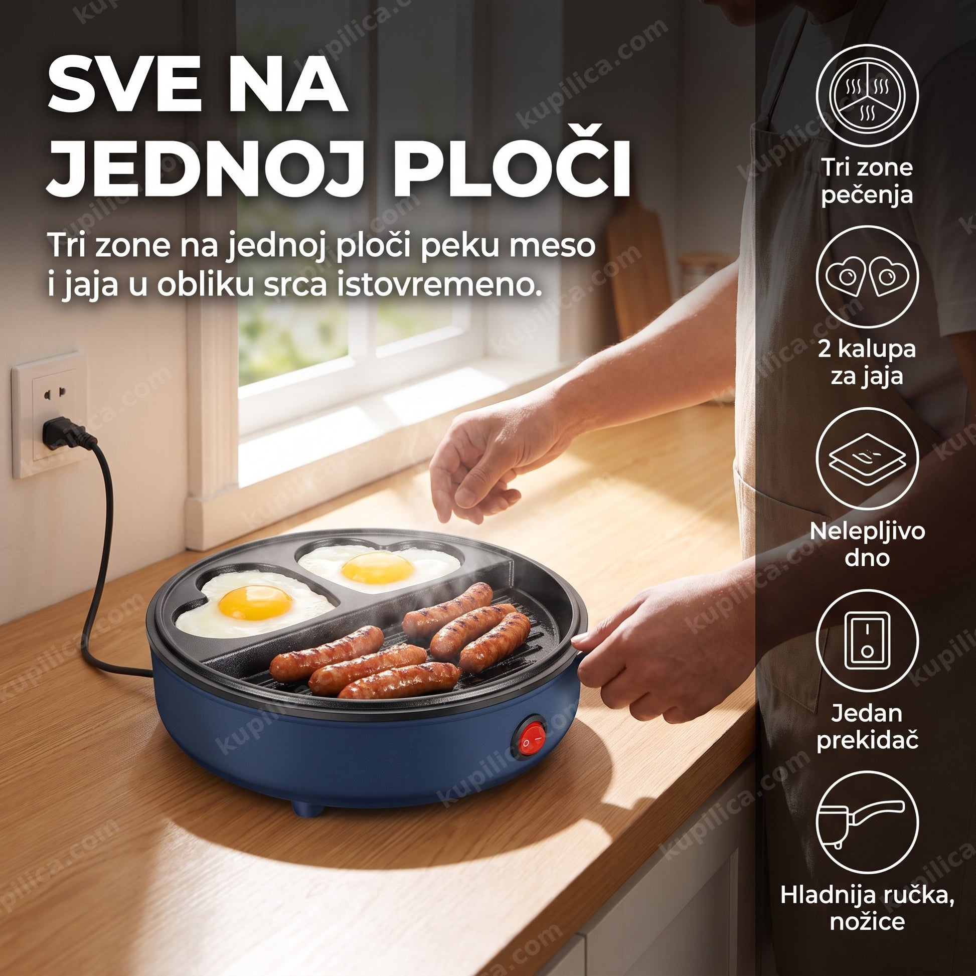 Osoba priprema doručak na električnom tiganju sa gril zonom i dva kalupa za jaja u obliku srca