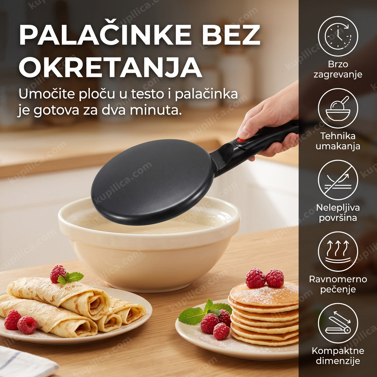 električni tiganj za palačinke umočen u testo na kuhinjskom pultu, benefiti proizvoda