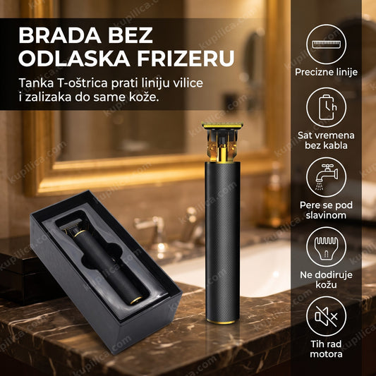 električni trimer sa t oštricom u poklon kutiji sa prikazom benefita proizvoda
