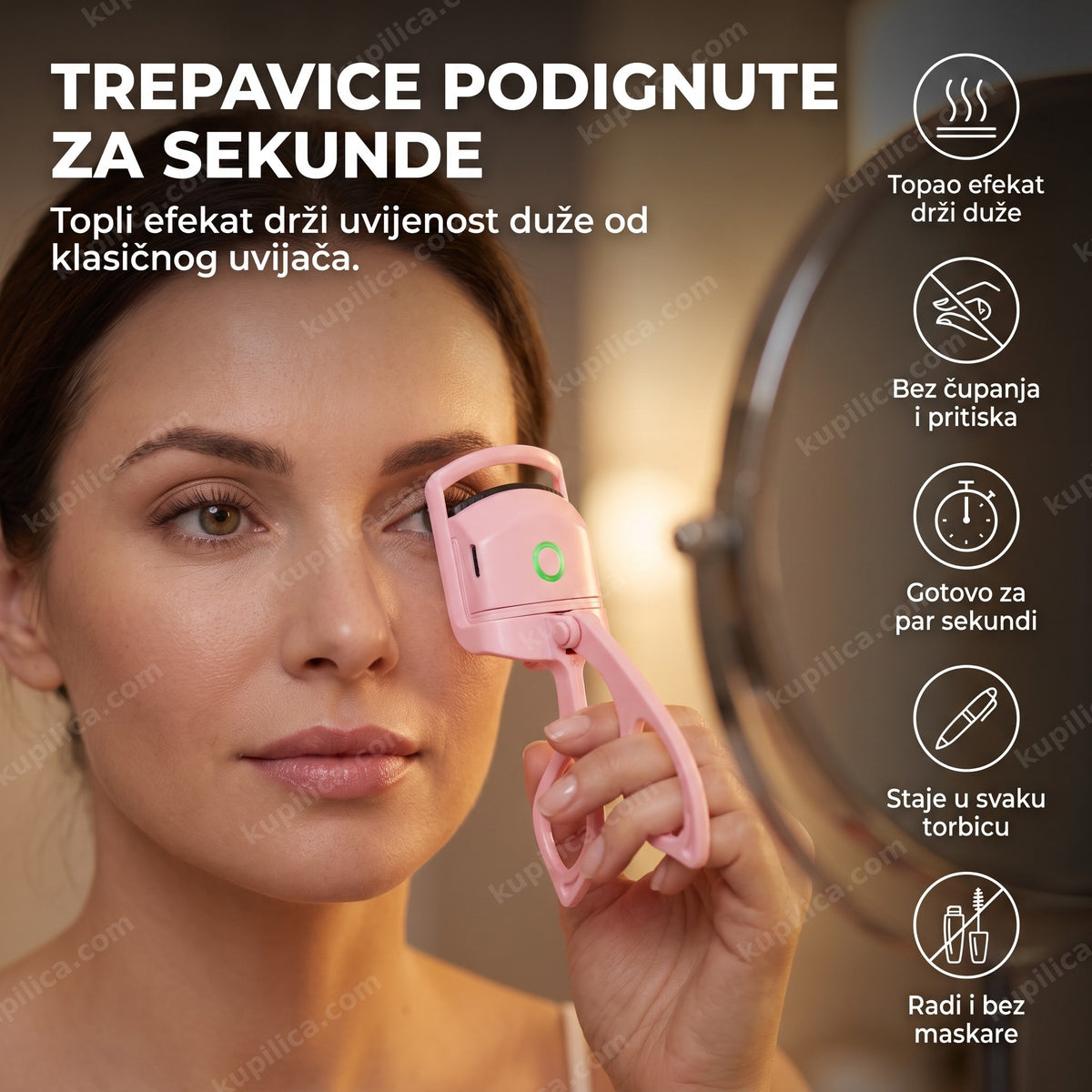 roze električni uvijač trepavica u ruci odrasle žene, krupni plan oka, benefiti proizvoda