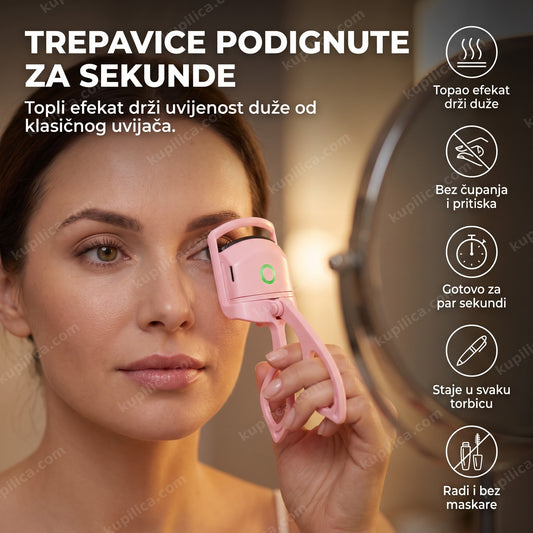 roze električni uvijač trepavica u ruci odrasle žene, krupni plan oka, benefiti proizvoda