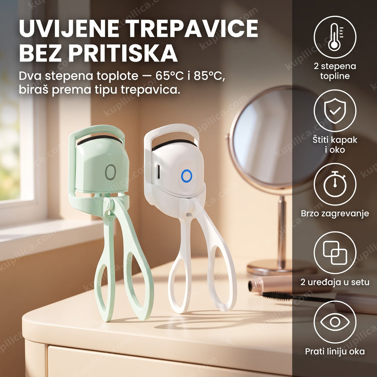 električni uvijač za trepavice sa grejanjem — dva uređaja sa termalnim jastučićima