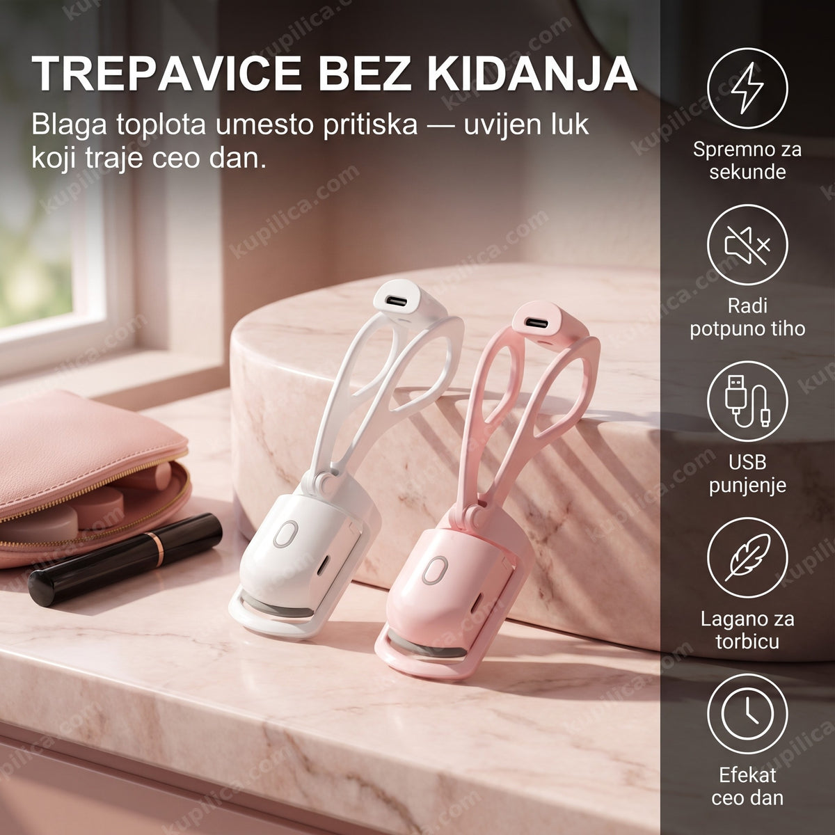 Električni uvijač za trepavice sa USB punjenjem — uređaj na toaletnom stočiću