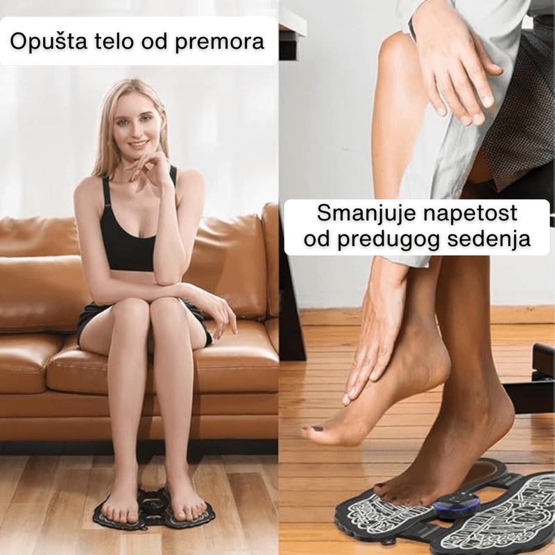 žena sedi na kauču dok druga osoba stoji na uređaju za masažu stopala