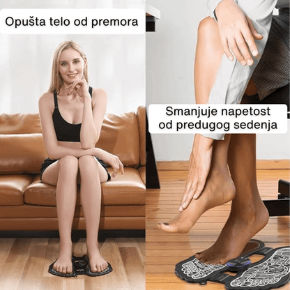 žena sedi na kauču dok druga osoba stoji na uređaju za masažu stopala