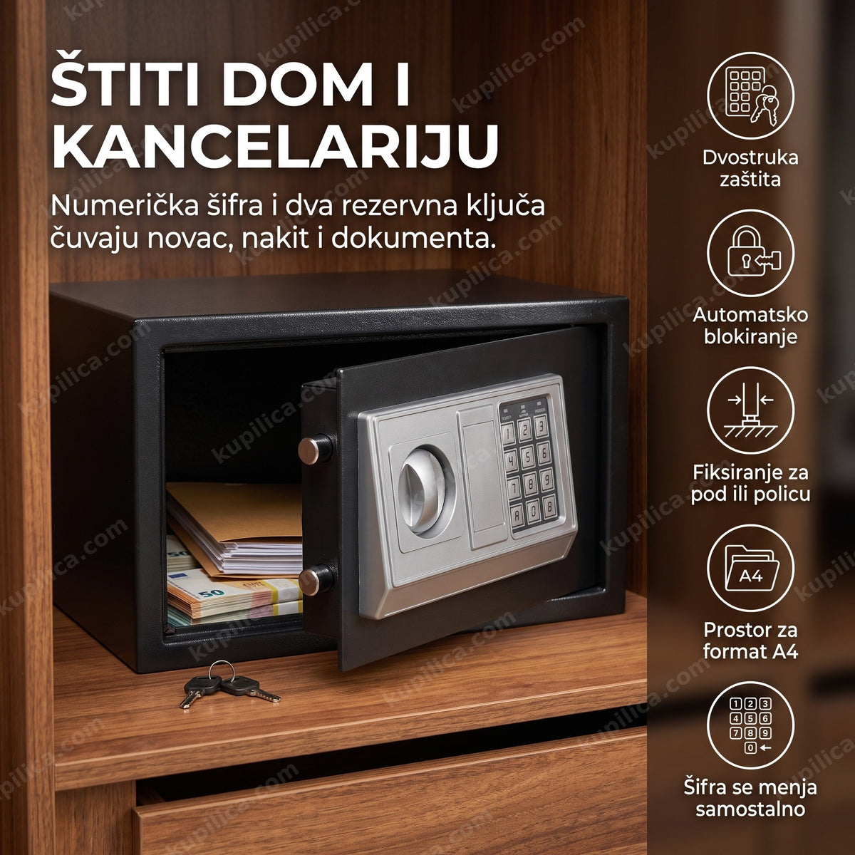 otvoren elektronski sef sa dokumentima i novcem unutra, benefiti proizvoda