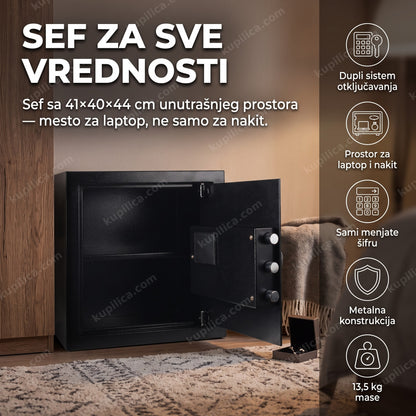 elektronski sef sa šifrom odškrinut u spavaćoj sobi pored kreveta, prikaz benefiti proizvoda
