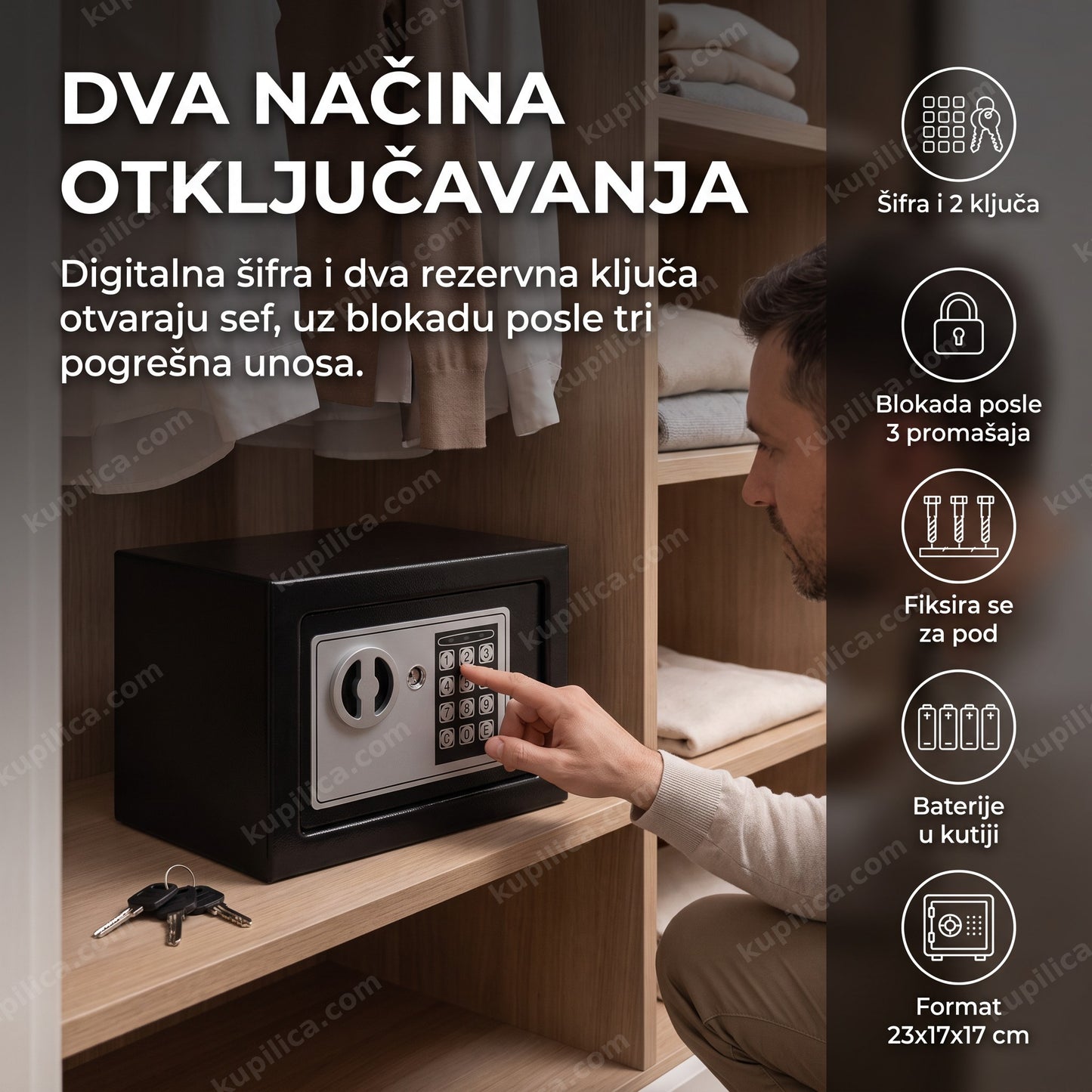 Osoba otključava elektronski sef pomoću šifre na tastaturi u ormanu