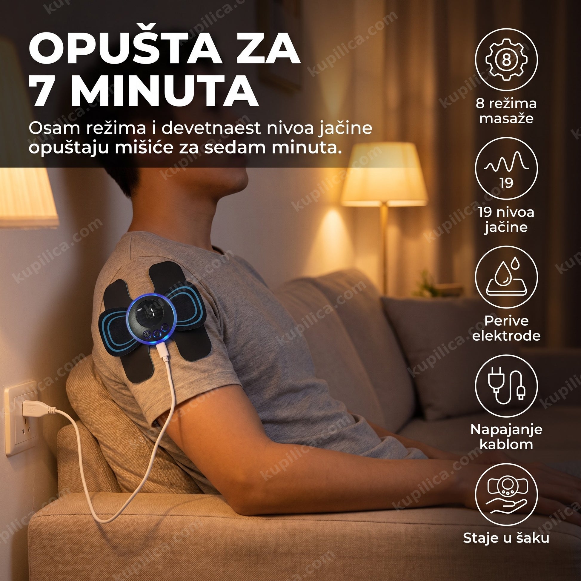 Osoba koristi leptir EMS masažer sa lepljivim elektrodama na ramenu