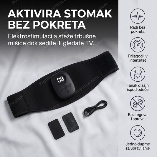 crni ems pojas za stomak sa gelovima i kablom na svetloj podlozi