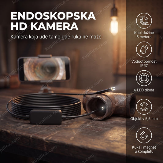 Endoskopska HD kamera sa 5m kablom povezana na telefon pored cevi