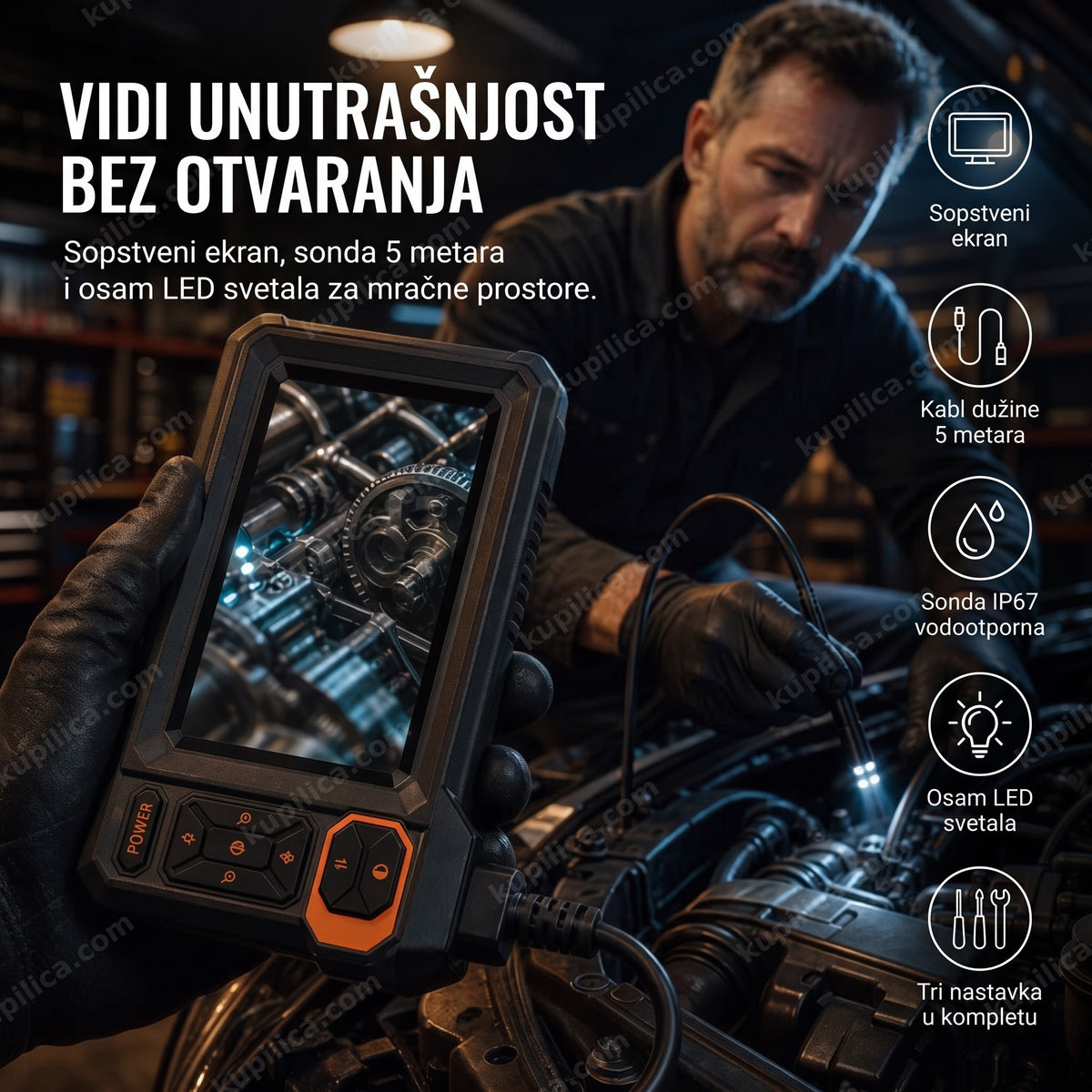endoskopska kamera sa ekranom čija sonda ulazi u cev u radionici, benefiti proizvoda