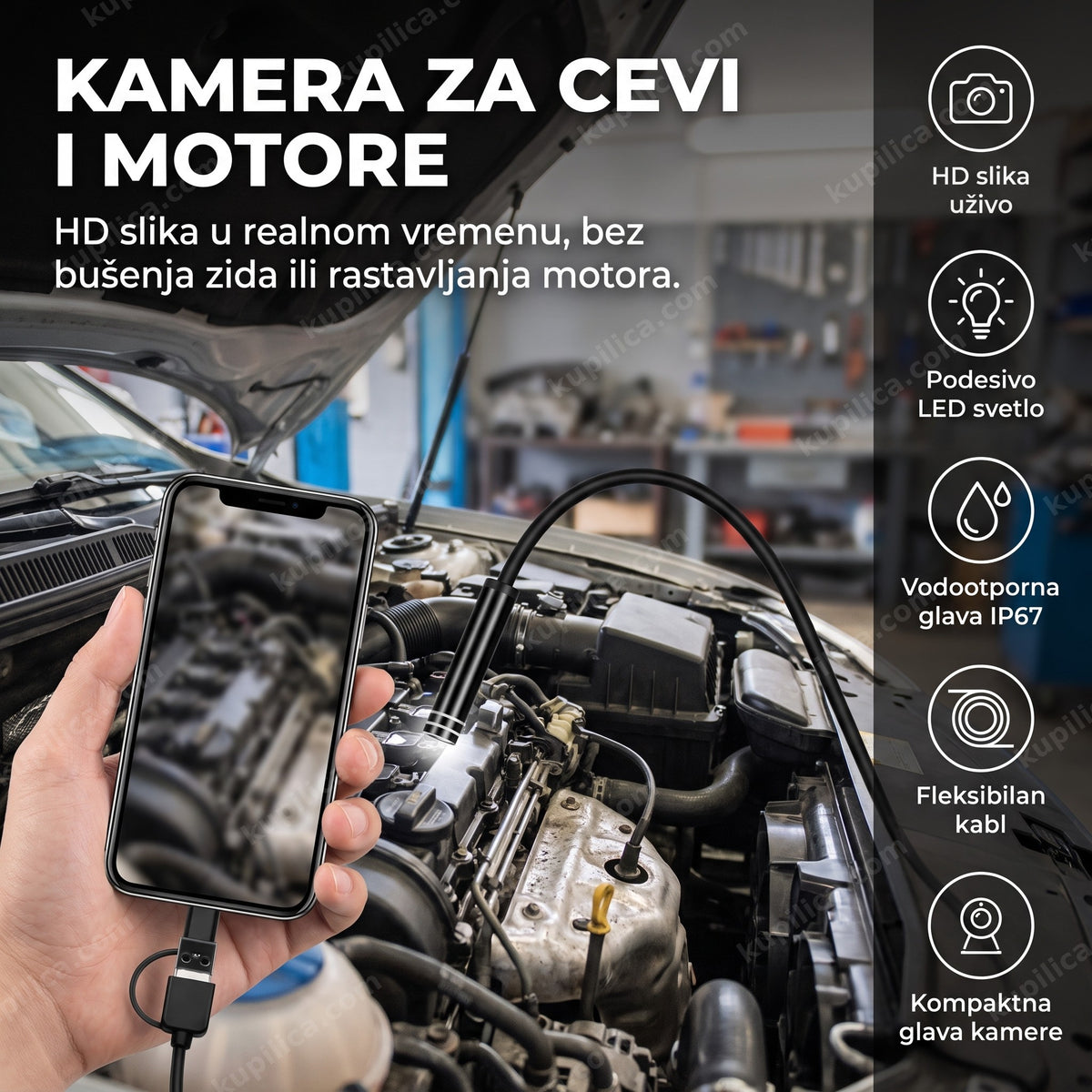 endoskopska kamera uvučena u motor automobila sa hd prikazom na telefonu, benefiti proizvoda