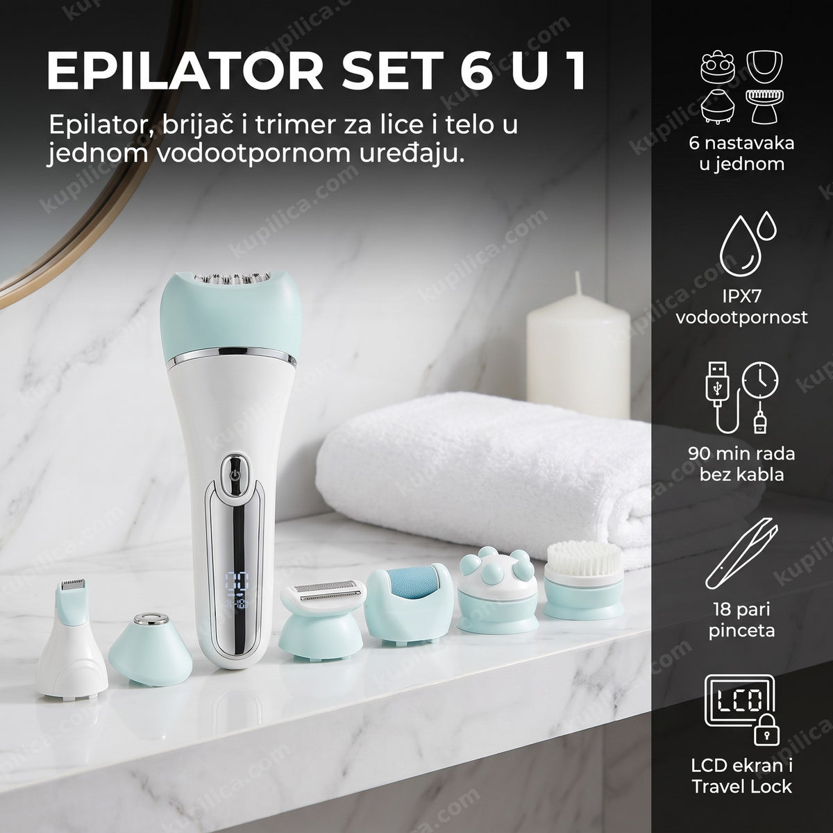 Beli epilator za lice i telo sa nastavcima na mermernoj polici, benefiti proizvoda