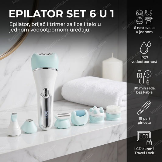 Beli epilator za lice i telo sa nastavcima na mermernoj polici, benefiti proizvoda