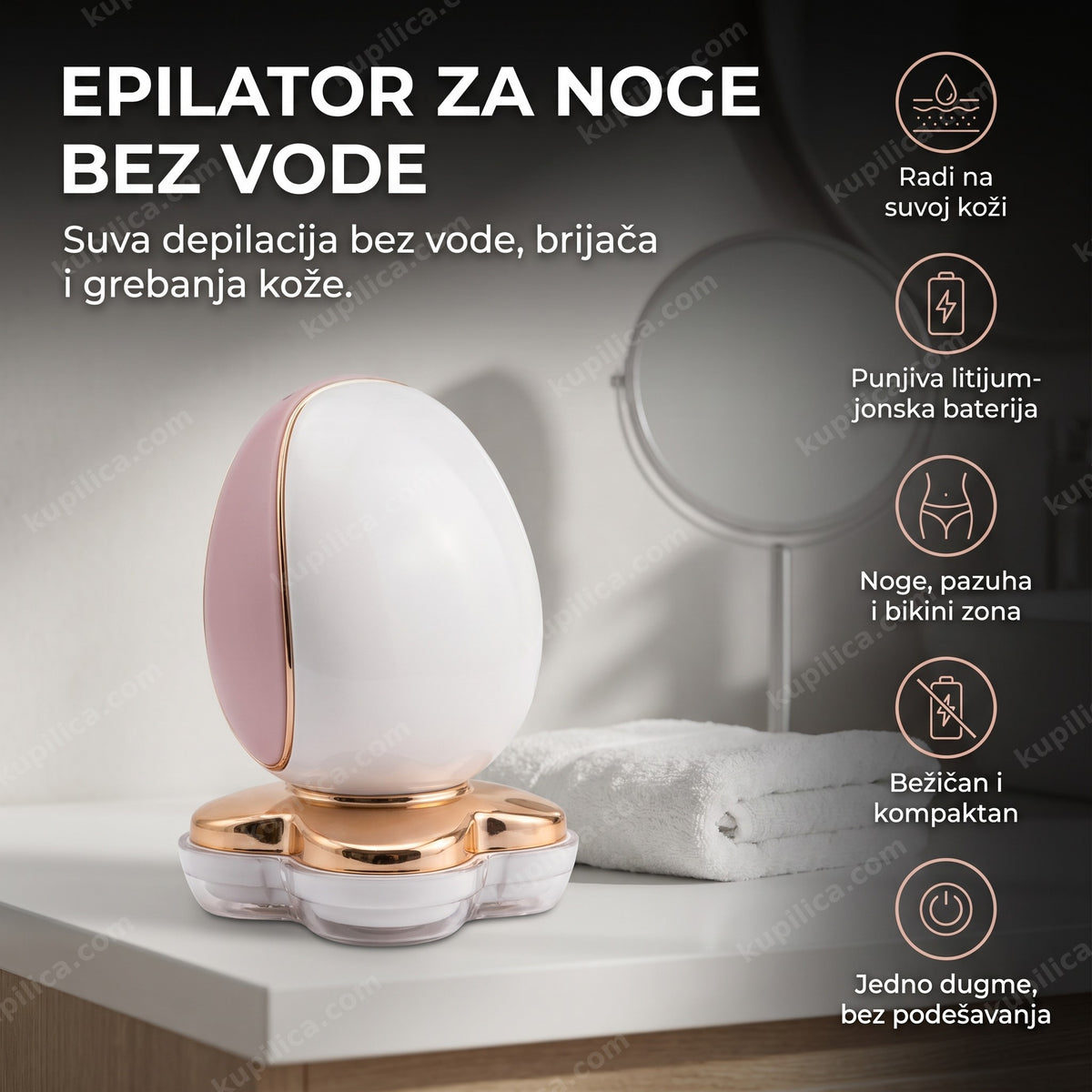 beli i roze bežični epilator za noge na toaletnom stočiću, benefiti proizvoda