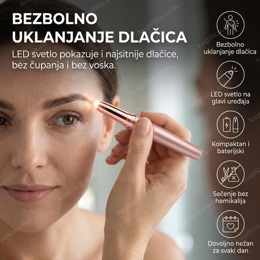 epilator za obrve sa led svetlom u ruci ispred ogledala, benefiti proizvoda