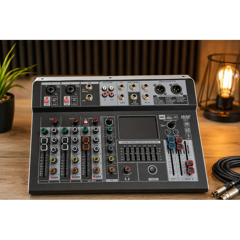 EQ-4 audio mikseta na drvenom stolu pored biljke i upaljene lampe