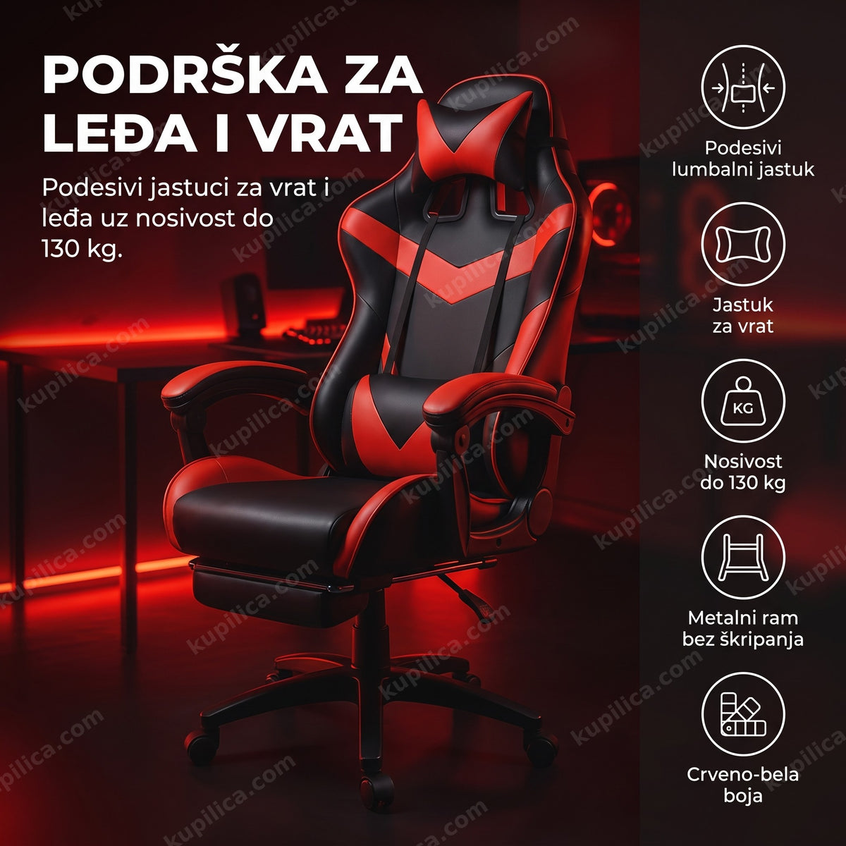 ergonomska gaming stolica crveno-bela sa jastukom za vrat i leđa