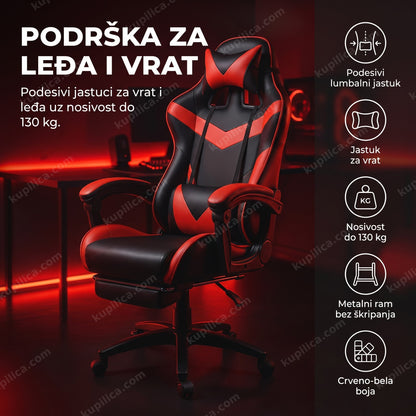 ergonomska gaming stolica crveno-bela sa jastukom za vrat i leđa