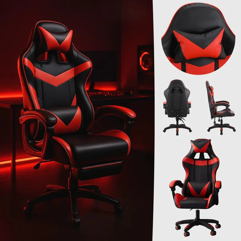gaming stolica crveno-bela u sobi sa crvenim LED osvetljenjem