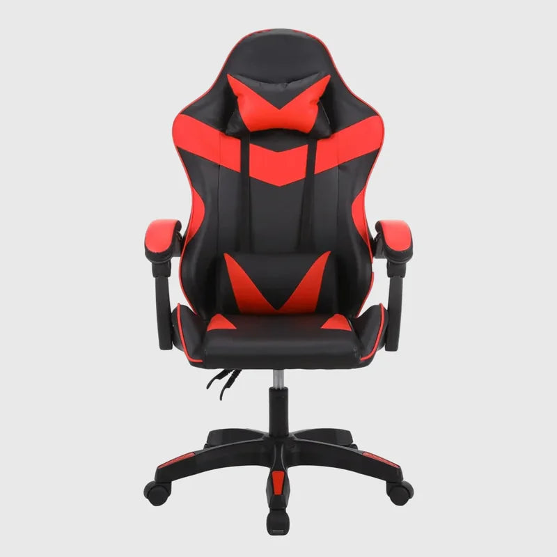 crveno-crna gaming stolica spreda sa felnama točkova i osloncem za ruke