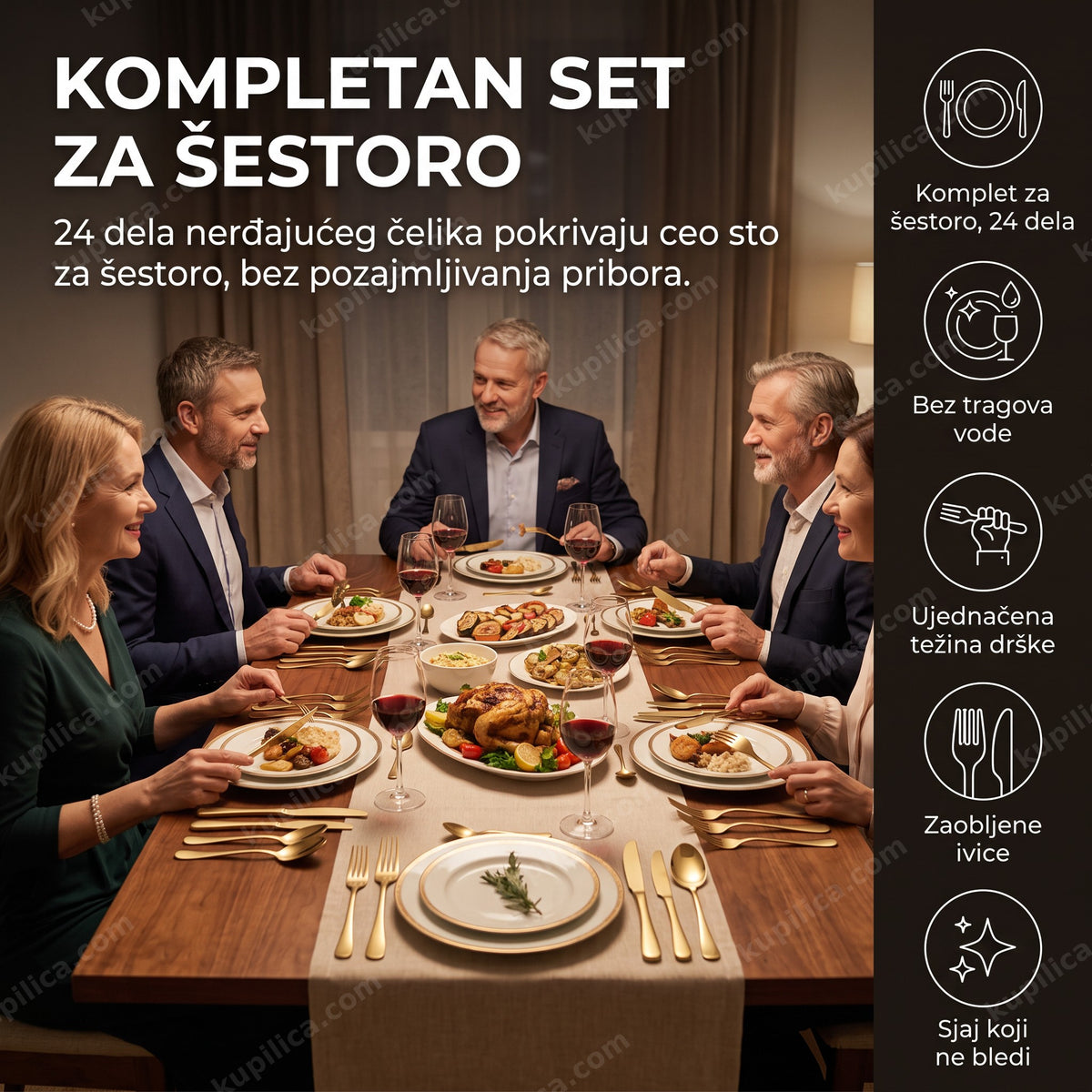 elegantan escajg za 6 osoba 24 dela postavljen na svečanom trpezarijskom stolu, benefiti proizvoda