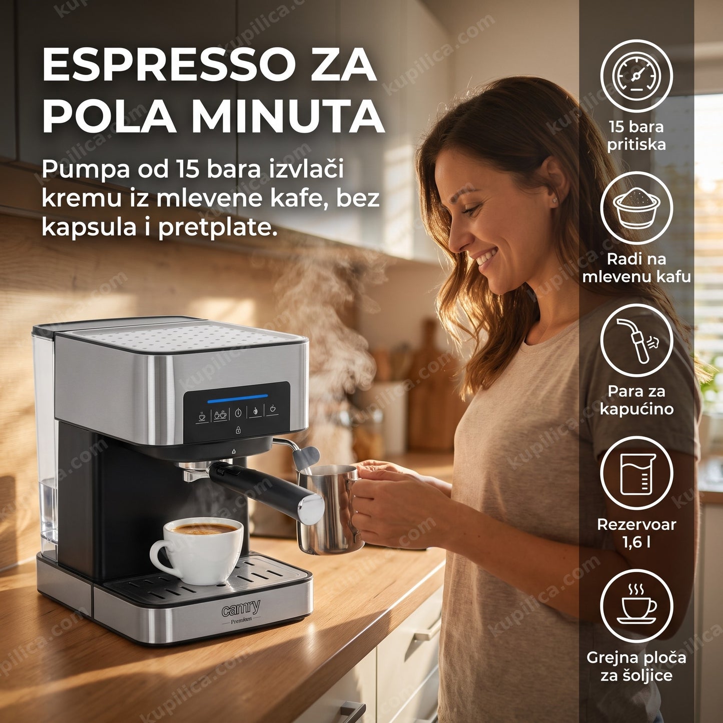 espresso aparat za mlevenu kafu — žena pravi kapućino ujutru u kuhinji, benefiti proizvoda
