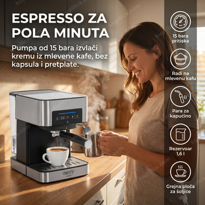 espresso aparat za mlevenu kafu — žena pravi kapućino ujutru u kuhinji, benefiti proizvoda
