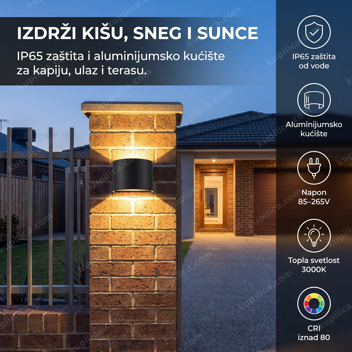 crna fasadna lampa za zid postavljena na kapiji dvorišta uveče, benefiti proizvoda