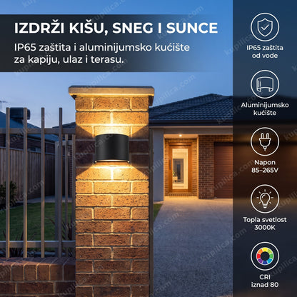 crna fasadna lampa za zid postavljena na kapiji dvorišta uveče, benefiti proizvoda