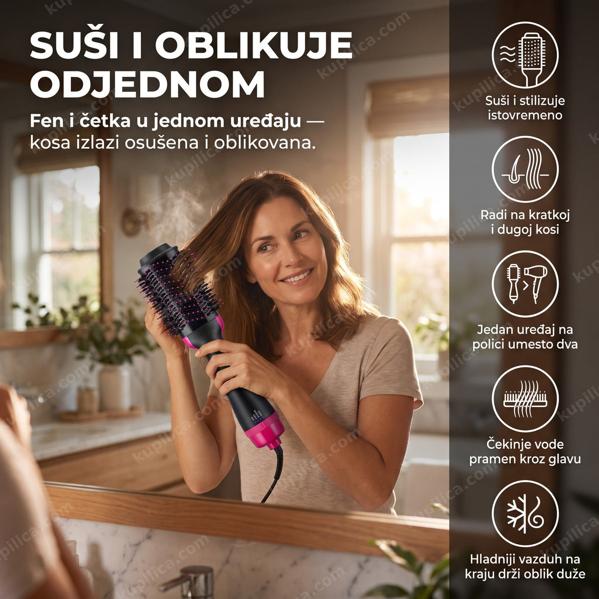 fen četka za kosu 2u1 u upotrebi ispred ogledala, benefiti proizvoda