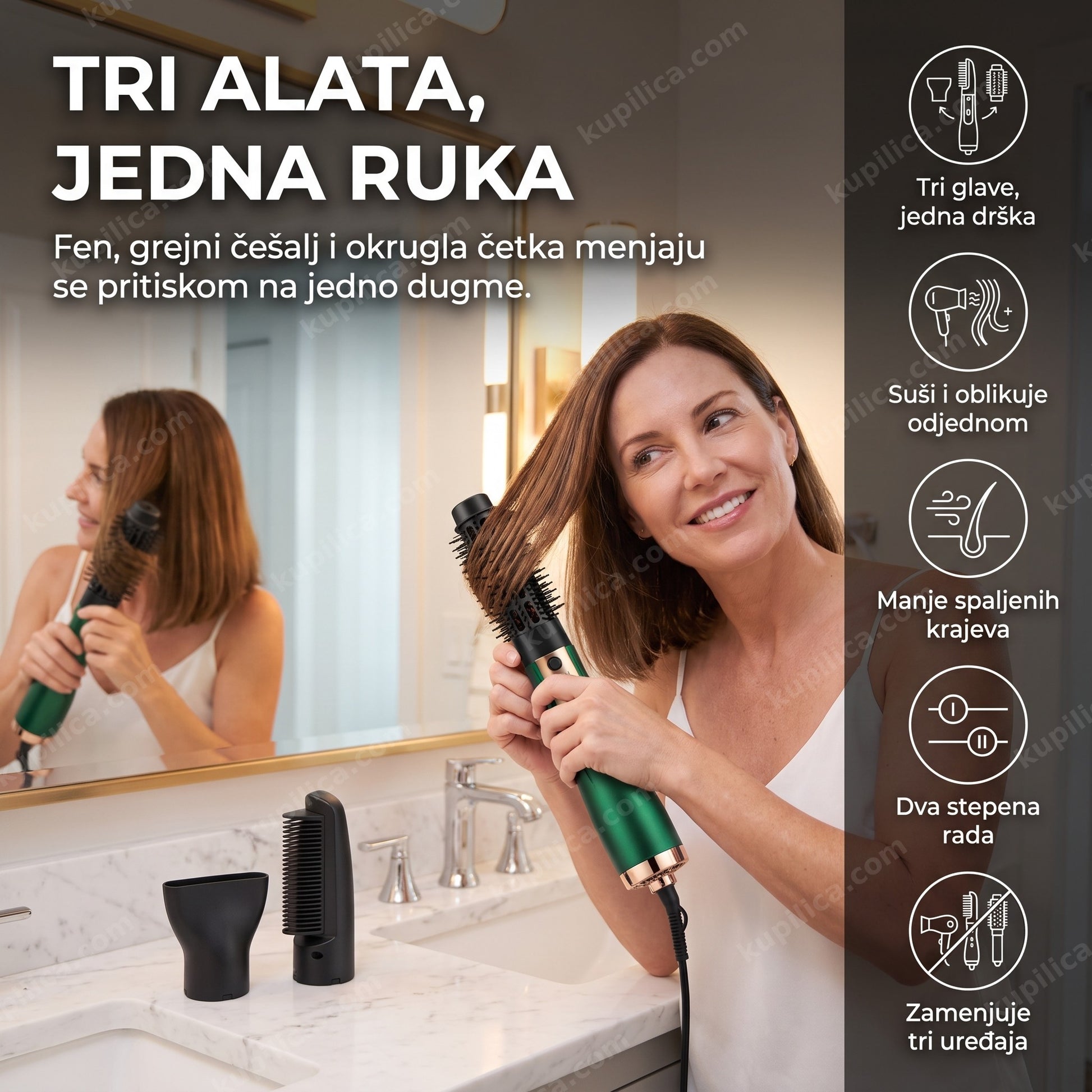 Žena stilizuje kosu fen četkom 3u1 sa tri nastavka ispred ogledala