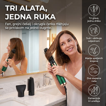 Žena stilizuje kosu fen četkom 3u1 sa tri nastavka ispred ogledala