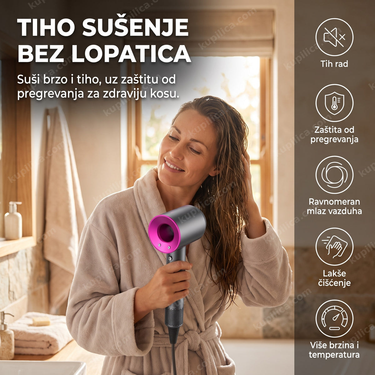 žena suši kosu fenom bez lopatica u kupatilu, benefiti proizvoda