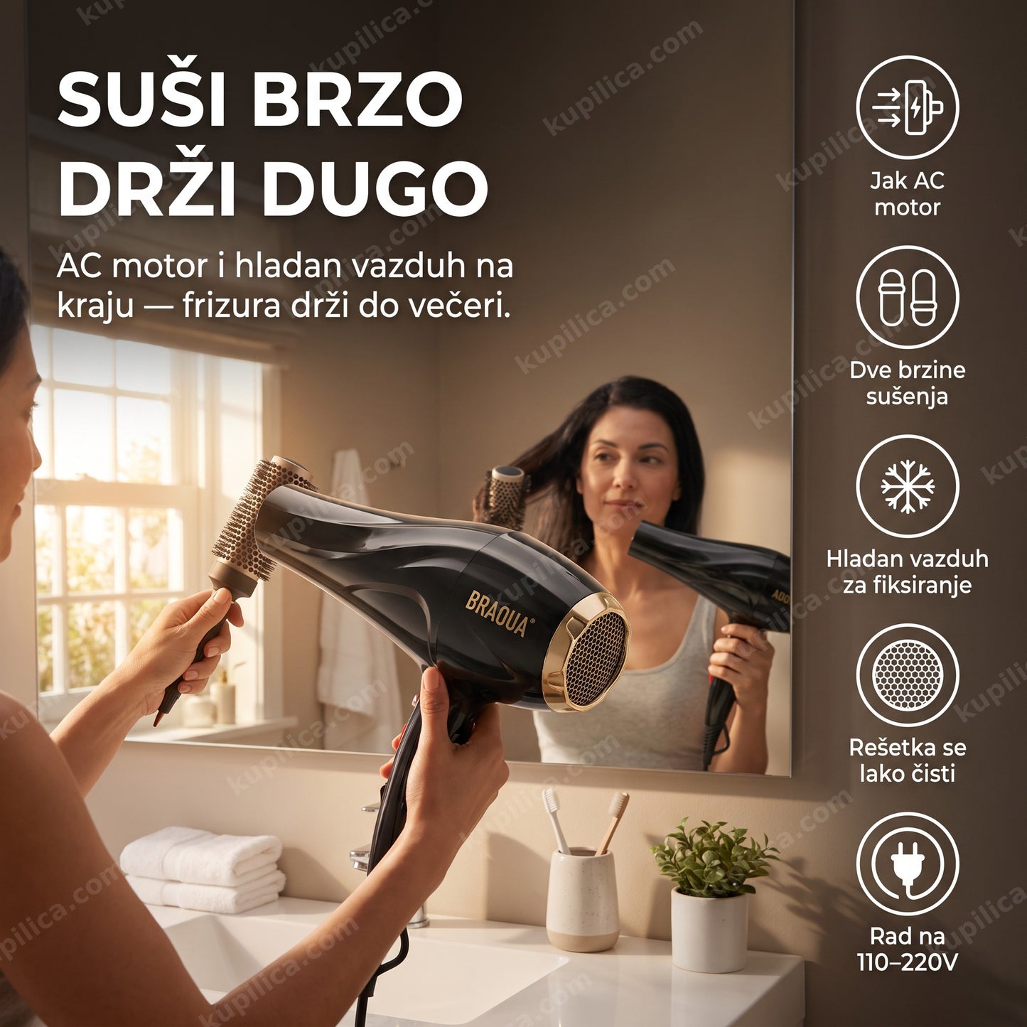 fen za kosu braoua br-8853 — žena suši kosu fenom sa dve brzine i hladnim vazduhom, jak ac motor, dve brzine sušenja, hladan vazduh za fiksiranje